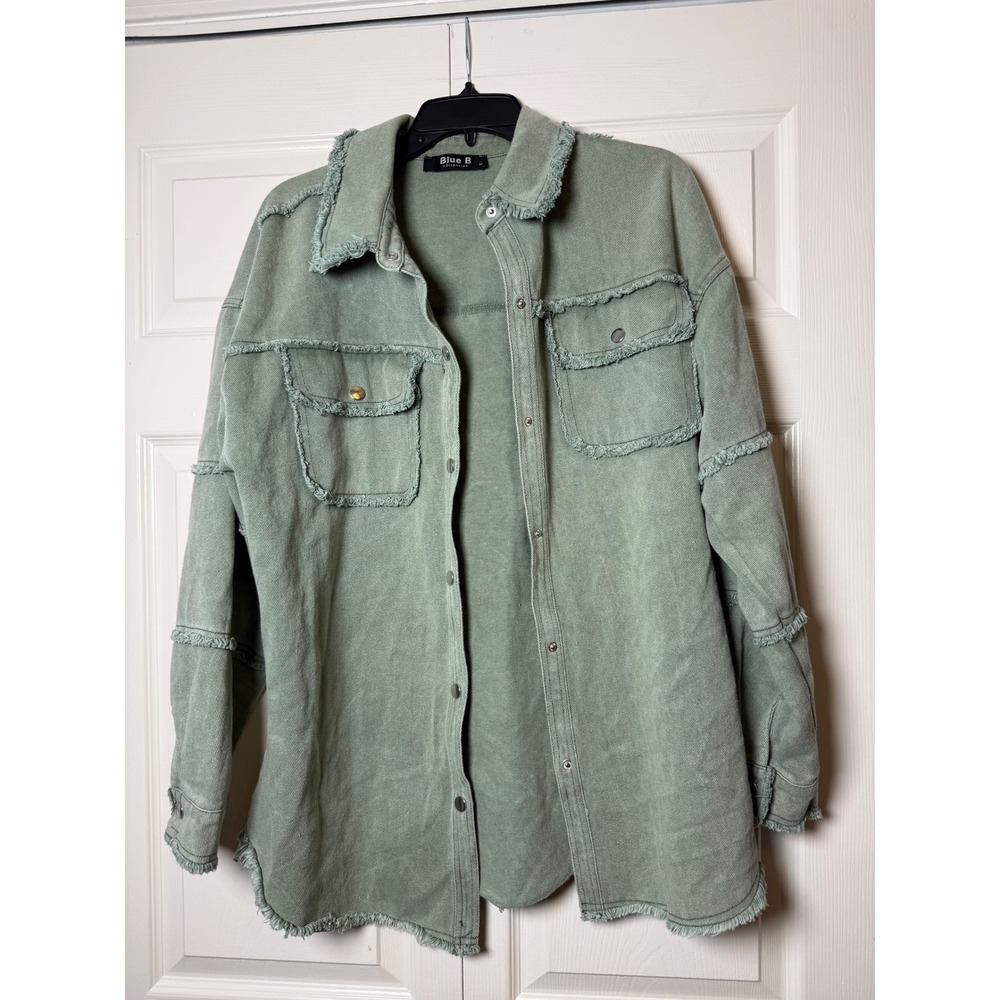 Blue B Collection Sage Green Smiley Face Butterfly Frayed Denim‎ Shacket   M - Picture 9 of 10